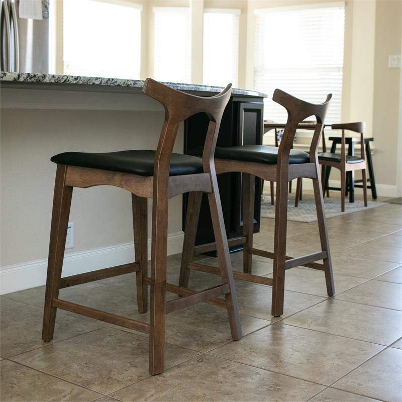 Allora Mid-Century Modern Faux Leather Bar Stool in Black (Set of 2)