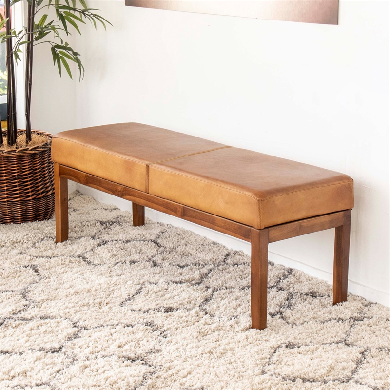 Allora Mid-Century Modern Genuine Leather Bench in Tan Brown