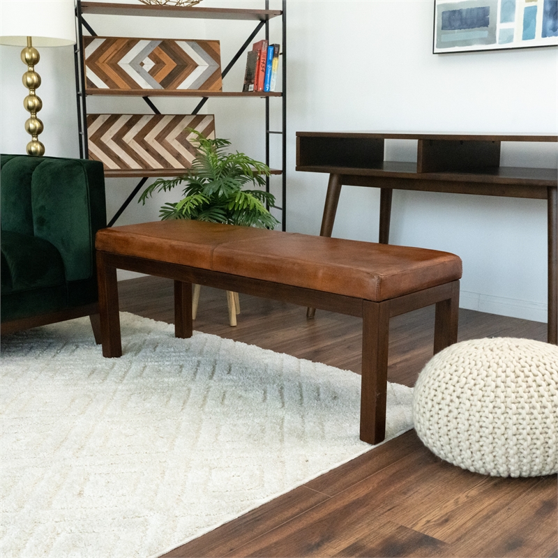 Allora Mid-Century Modern Stitched Genuine Leather Upholstered Bench in Tan