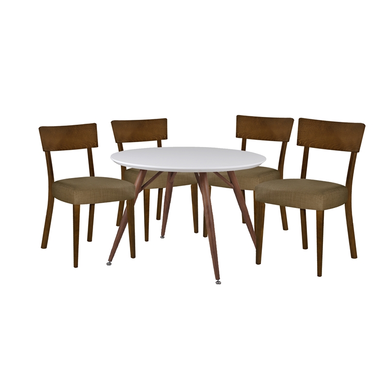 Allora Round Dining Set in White Glossy and Brown (Set of 5)