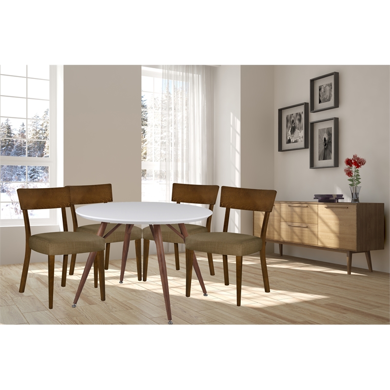 Allora Round Dining Set in White Glossy and Brown (Set of 5)