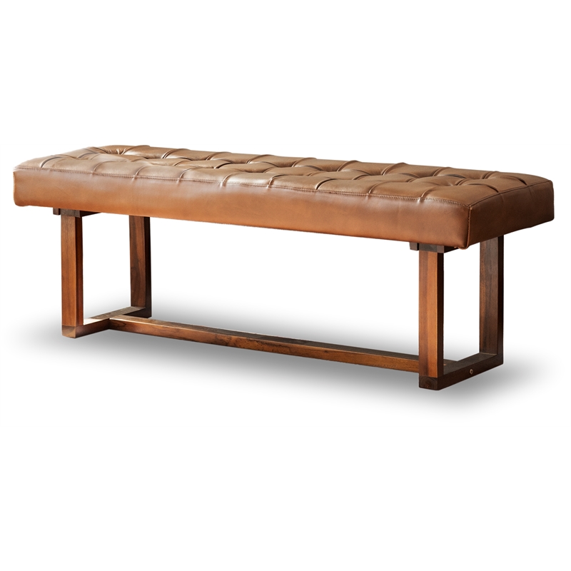 Allora Mid-Century Modern Rectangular Genuine Leather Bench in Tan