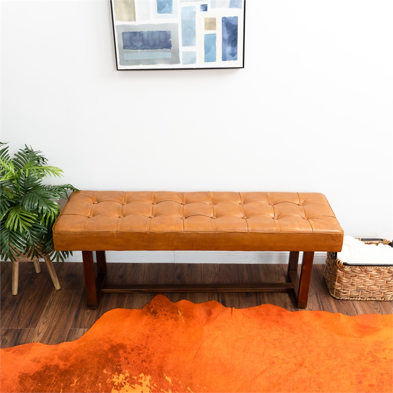Allora Mid-Century Modern Rectangular Genuine Leather Bench in Tan