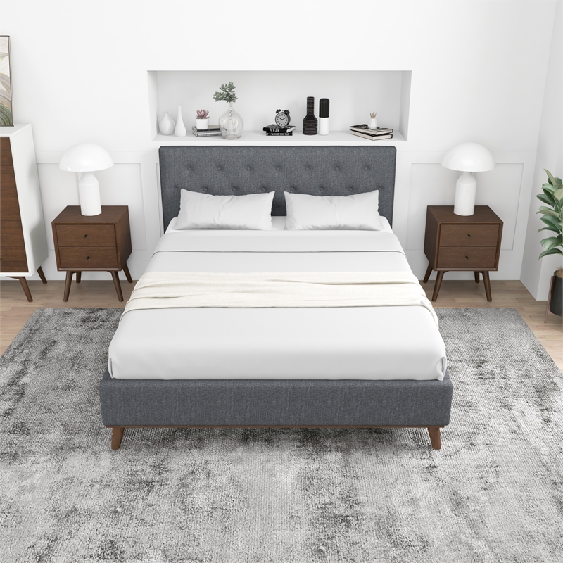 Allora Mid-Century Modern Queen Fabric Platform Bed in Gray