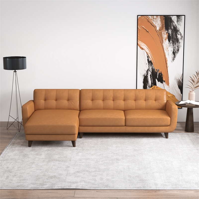 Allora Genuine Leather Upholstered Left Chaise Sectional Sofa in Tan