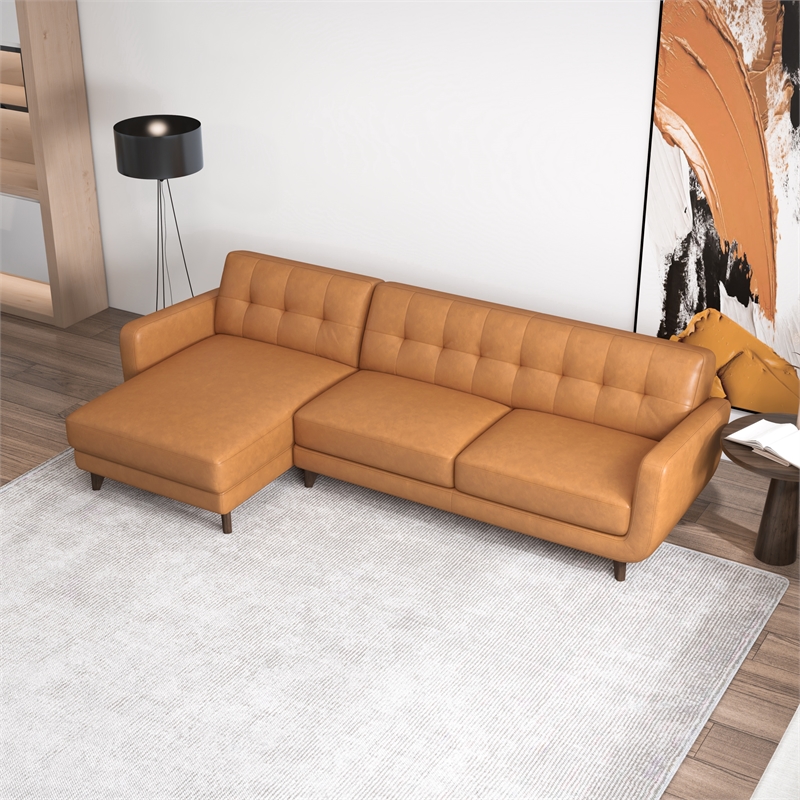 Allora Genuine Leather Upholstered Left Chaise Sectional Sofa in Tan