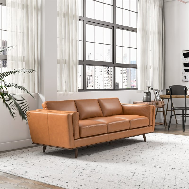 Allora Mid-Century Genuine Leather Upholstered Cushion Back Sofa in Tan