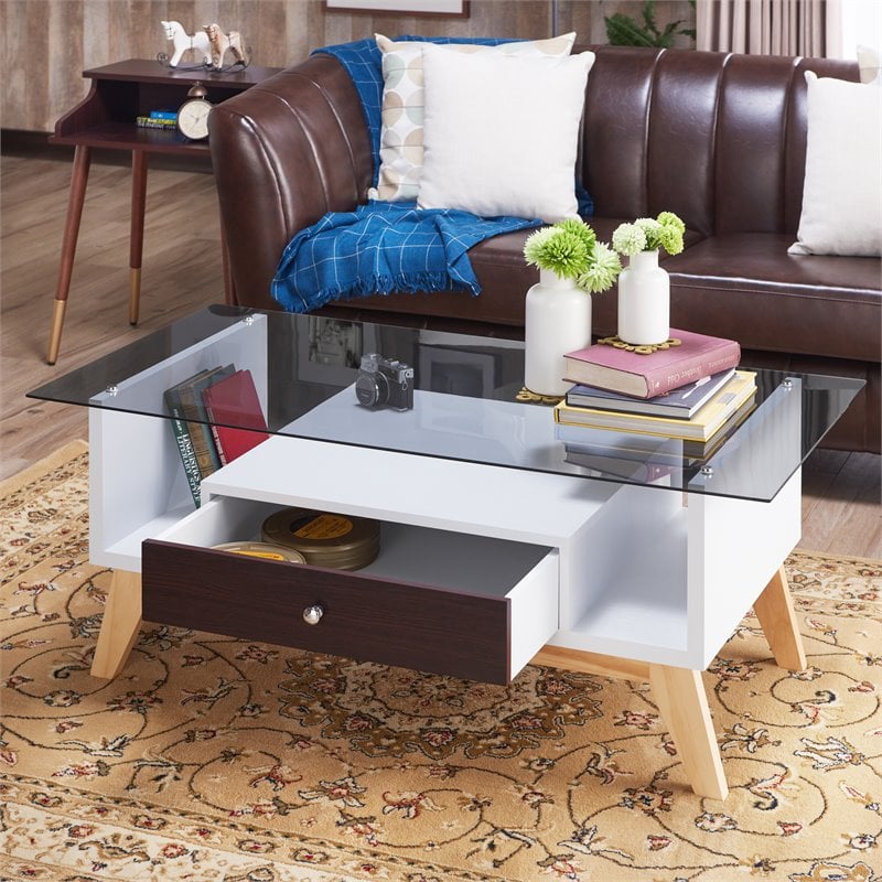 Allora Mid-Century Glass Coffee Table in Espresso