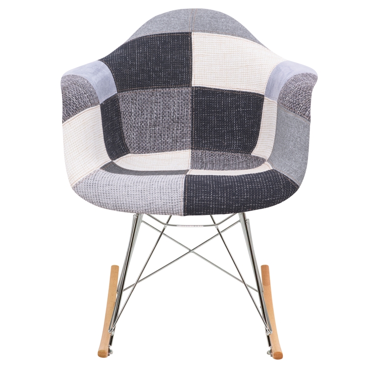 Allora Mid-Century Patchwork Twill Eiffel Base Rocking Chair in Gray and Beige