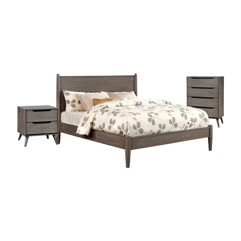 Allora 3pc Mid-Century Wood Bedroom Set - Queen + Nightstand + Chest in Gray