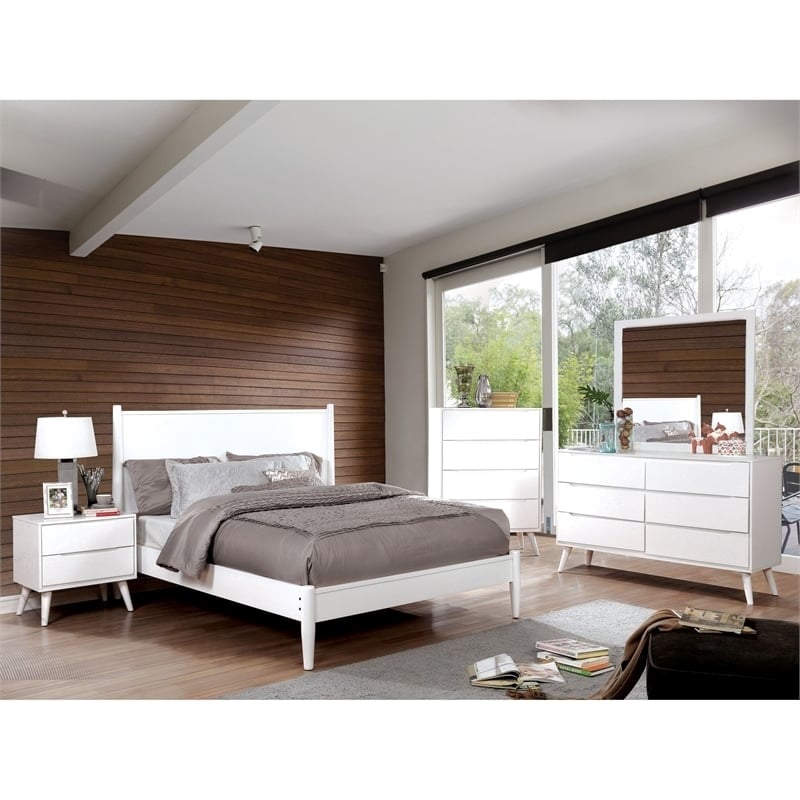 Allora 2pc Mid-Century Wood Bedroom Set - King + Nightstand in White