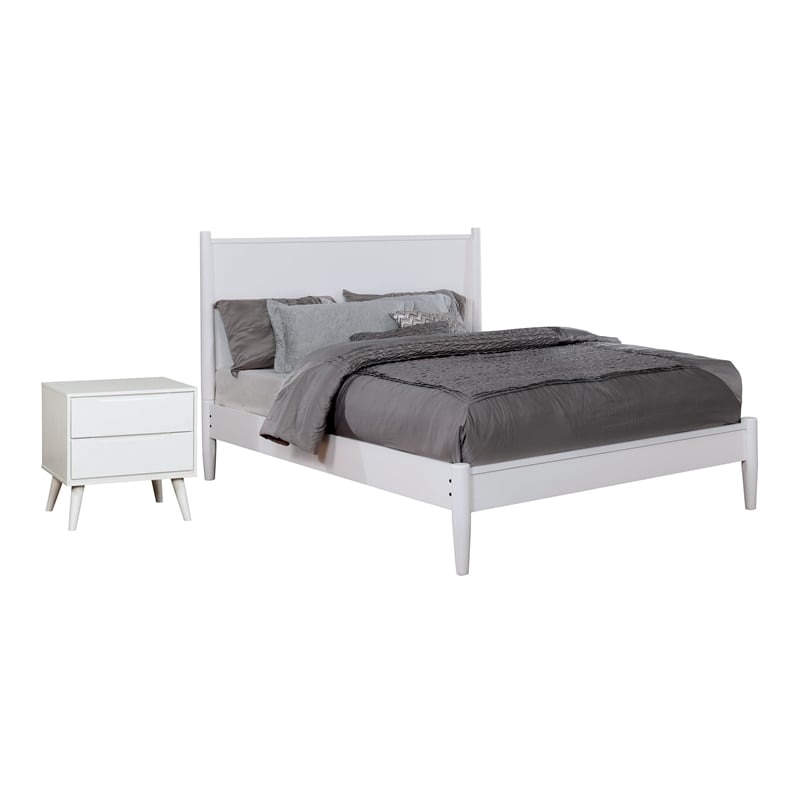 Allora 2pc Mid-Century Wood Bedroom Set - King + Nightstand in White