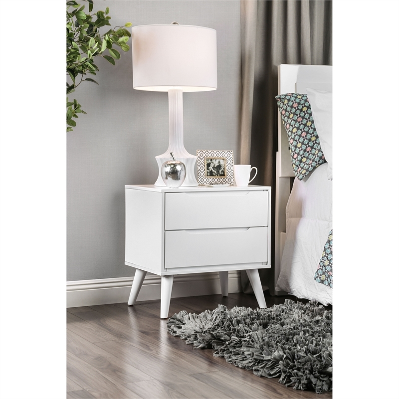 Allora 2pc Mid-Century Wood Bedroom Set - King + Nightstand in White
