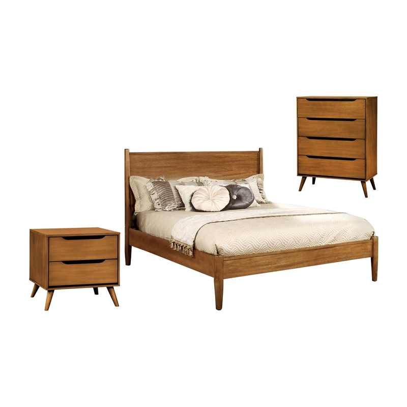 Allora 3pc Mid-Century Wood King Bedroom Set - King + Nightstand + Chest in Oak