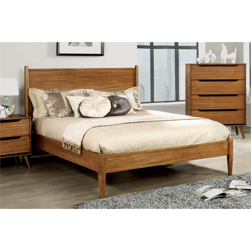 Allora 3pc Mid-Century Wood Queen Bedroom Set- Queen + Nightstand + Chest in Oak