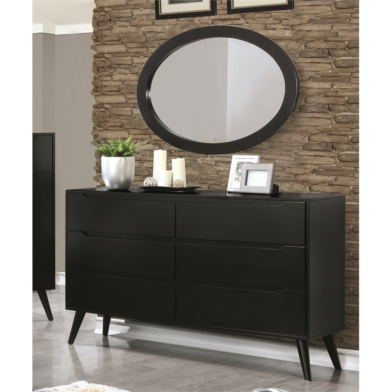 Allora 4pc Wood Bedroom Set - Cal King+Nightstand+Dresser+Oval Mirror in Black