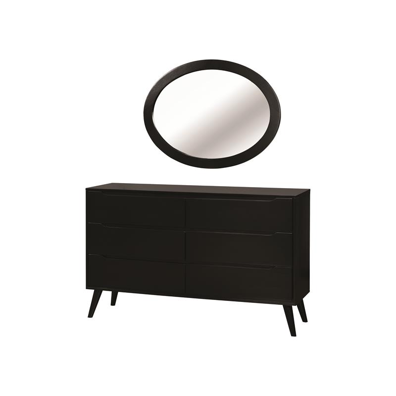 Allora 4pc Wood Bedroom Set - Cal King+Nightstand+Dresser+Oval Mirror in Black