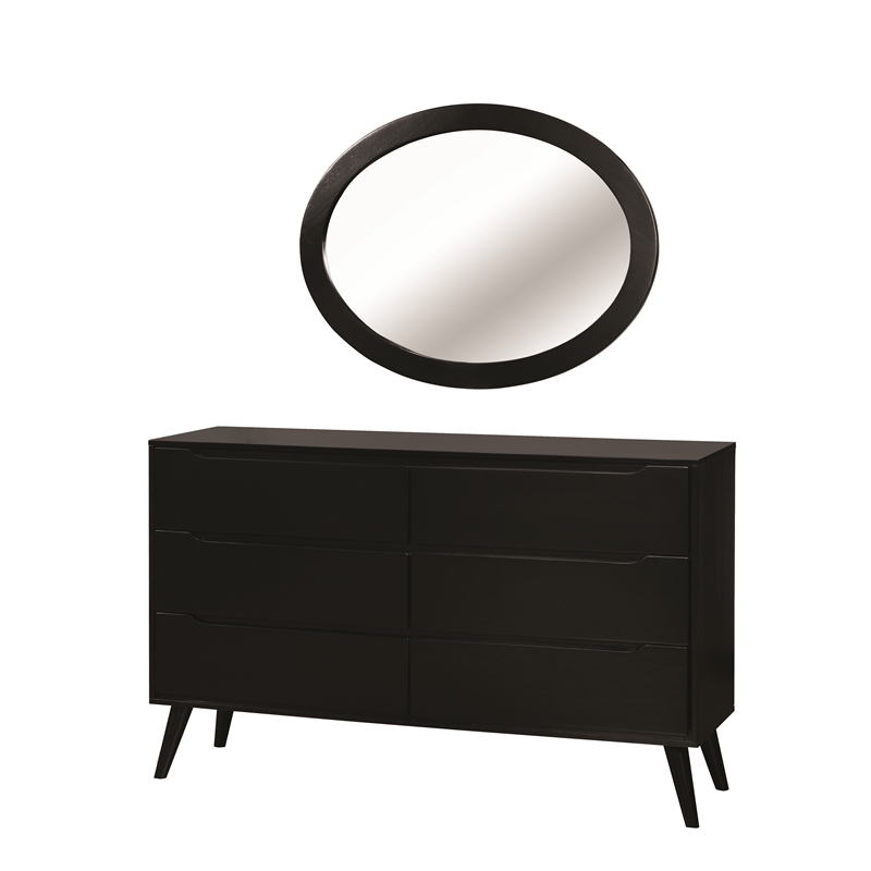 Allora 4pc Wood Bedroom Set-King + Nightstand + Dresser + Oval Mirror in Black