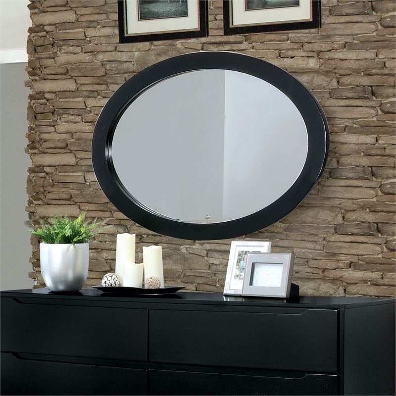 Allora 4p Wood Bedroom Set - Queen+Nightstand+Dresser+Oval Mirror in Black