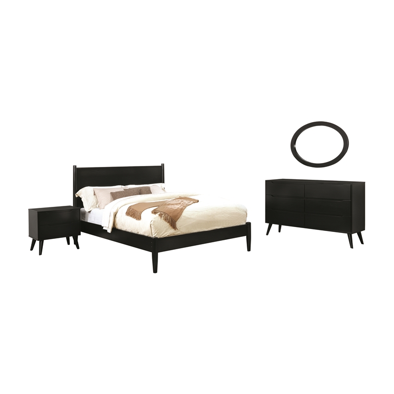 Allora 4p Wood Bedroom Set - Queen+Nightstand+Dresser+Oval Mirror in Black
