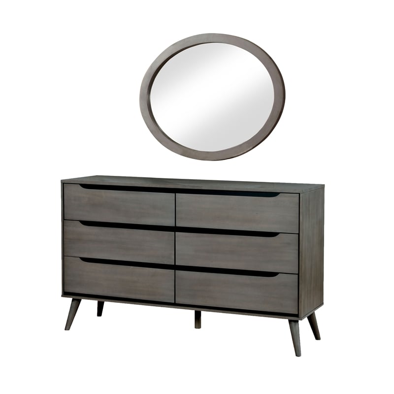 Allora 4pc Wood Bedroom Set - Cal King+Nightstand+Dresser+Oval Mirror in Gray