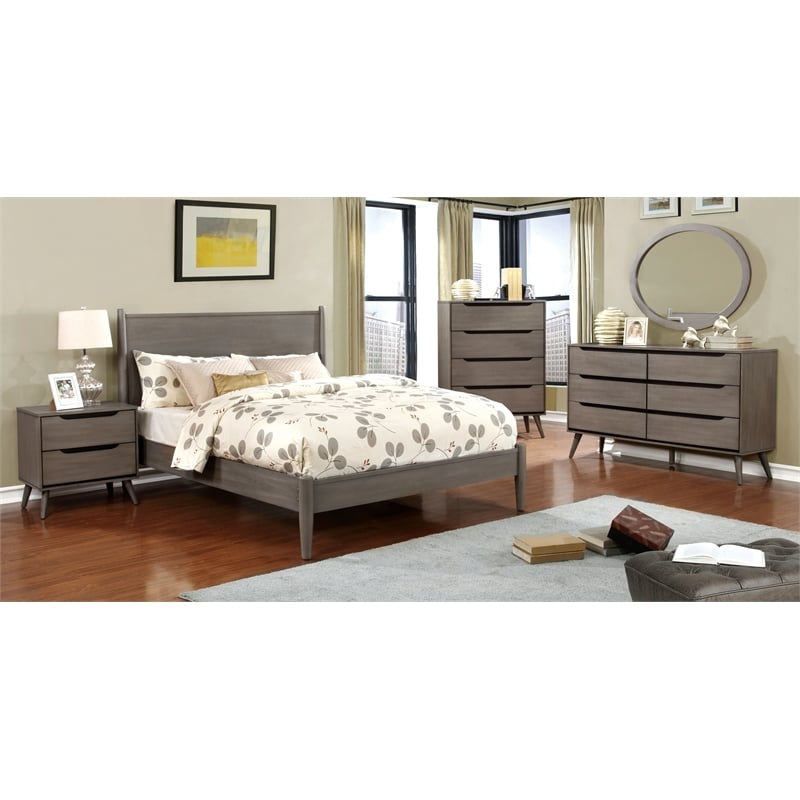 Allora 4pc Wood Bedroom Set - Cal King+Nightstand+Dresser+Oval Mirror in Gray