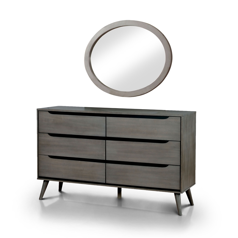 Allora Mid-Century Wood Bedroom Set- King+Nightstand+Dresser+Oval Mirror in Gray