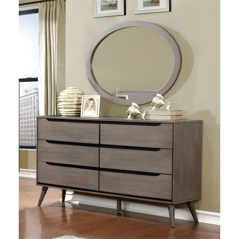 Allora Mid-Century Wood Bedroom Set- King+Nightstand+Dresser+Oval Mirror in Gray