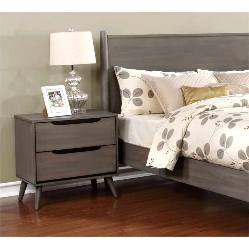 Allora Mid-Century Wood Bedroom Set- King+Nightstand+Dresser+Oval Mirror in Gray