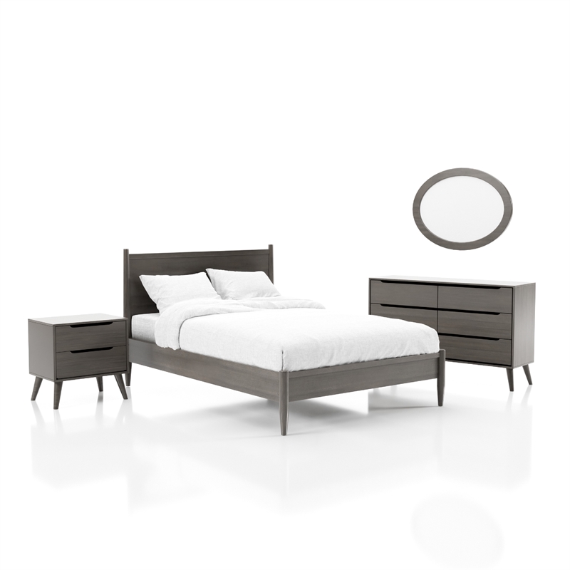 Allora Mid-Century Wood Bedroom Set- King+Nightstand+Dresser+Oval Mirror in Gray