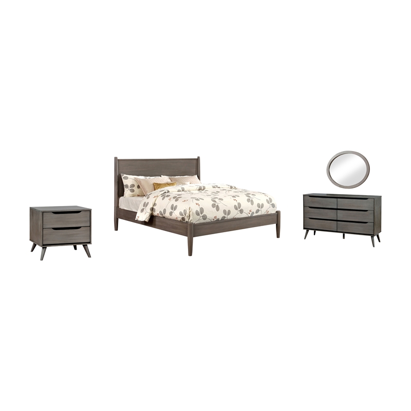 Allora Mid-Century Wood Bedroom Set- King+Nightstand+Dresser+Oval Mirror in Gray