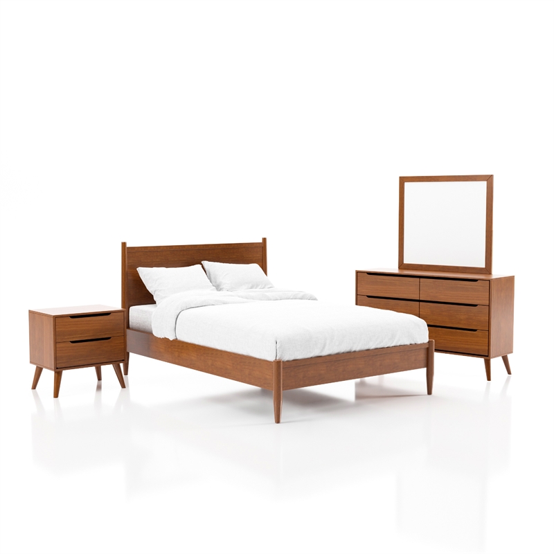Allora 4pc Wood Bedroom Set - Queen + 1 Nightstand + 1 Dresser +1 Mirror in Oak