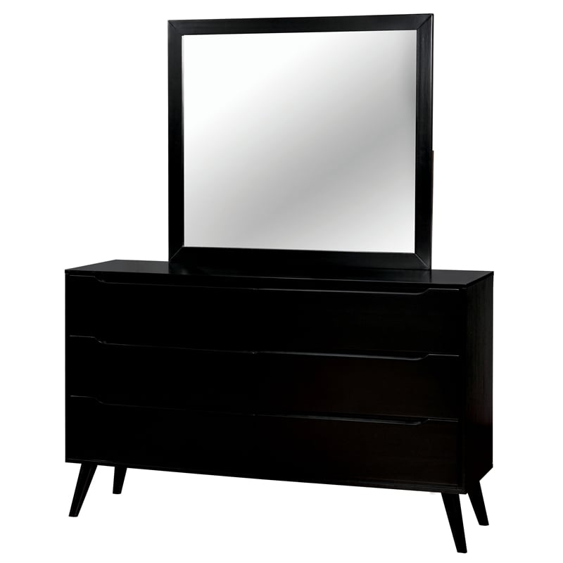 Allora 4pc Wood Bedroom Set - Cal King+Nightstand+Dresser+Mirror in Black