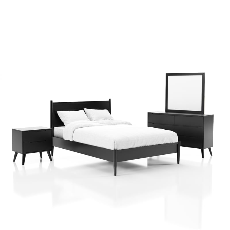 Allora 4pc Wood Bedroom Set - Cal King+Nightstand+Dresser+Mirror in Black