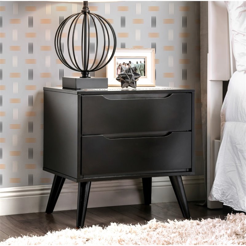 Allora 2-Drawer Mid-Century Solid Wood/Wood Veneer/MDF Nightstand in Black