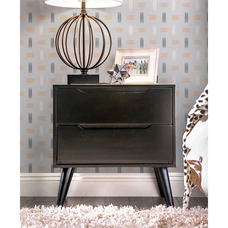 Allora 2-Drawer Mid-Century Solid Wood/Wood Veneer/MDF Nightstand in Black