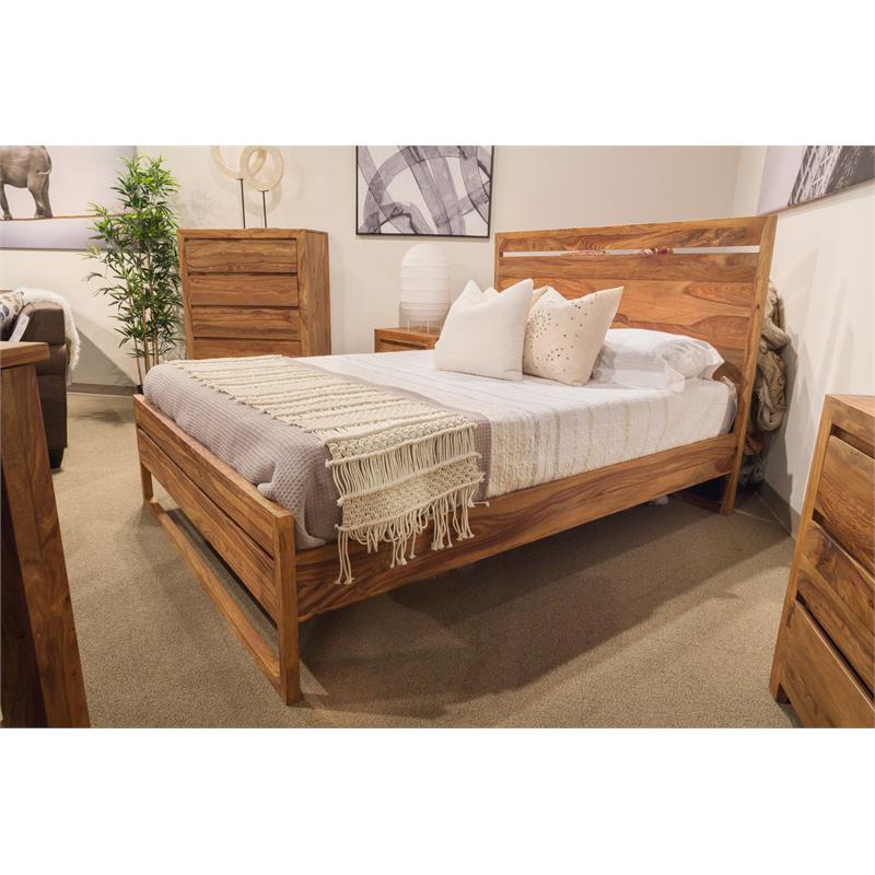 Allora Mid-Century Modern Sheesham Wood Queen Bed in Brown