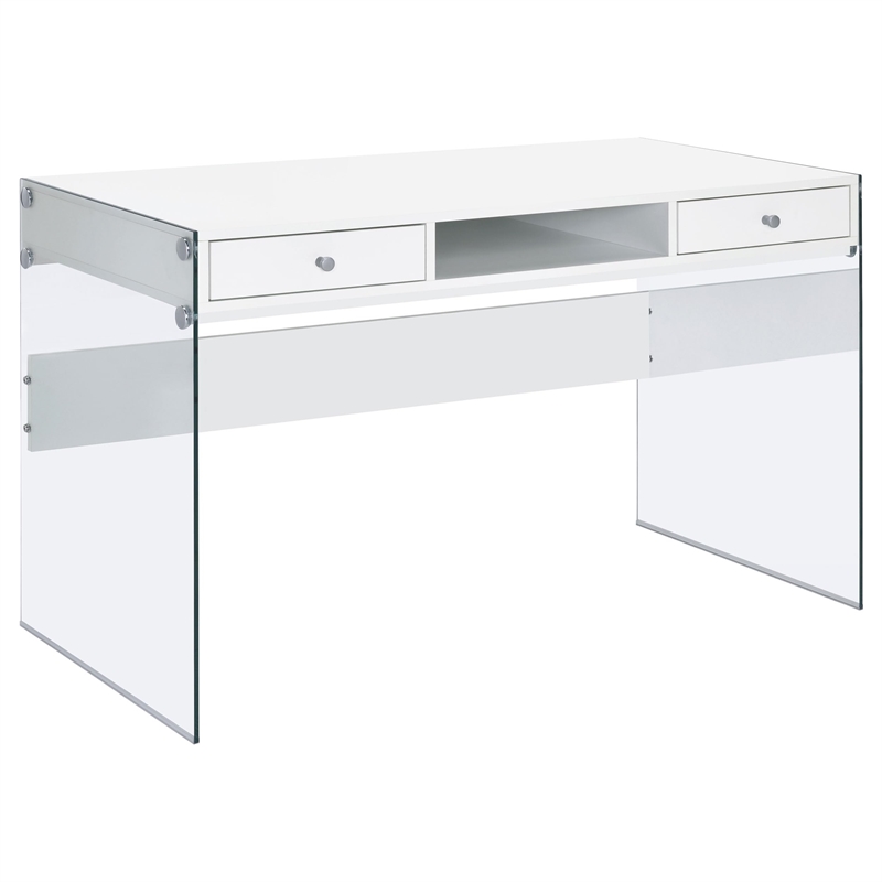 Allora Contemporary 2-Drawer Wood/Glass Writing Desk in Glossy White