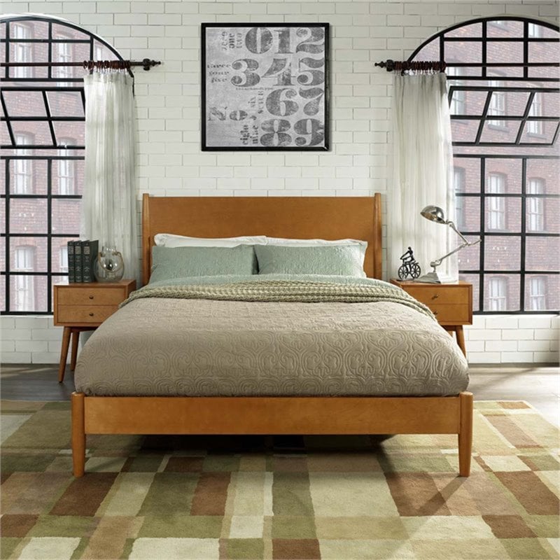 Allora Mid-Century Wood King Panel Platform Bed in Acorn Brown