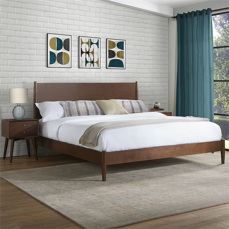 Allora Mid-Century Wood King Panel Platform Bed in Mahogany/Natural