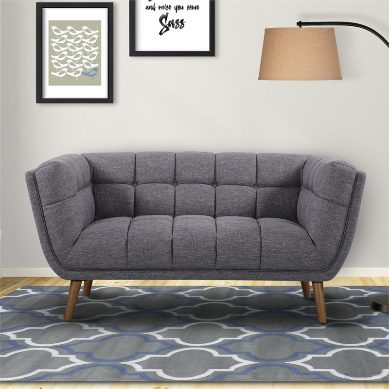 Allora Modern Fabric Upholstered Loveseat with Wood Legs in Dark Gray/Walnut