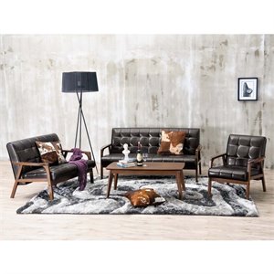 allora mid-century 3-piece bonded leather sofa set in brown