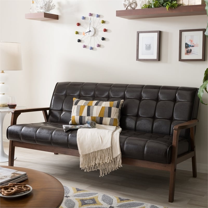 Allora Mid-Century Wood and Faux Leather Sofa in Brown