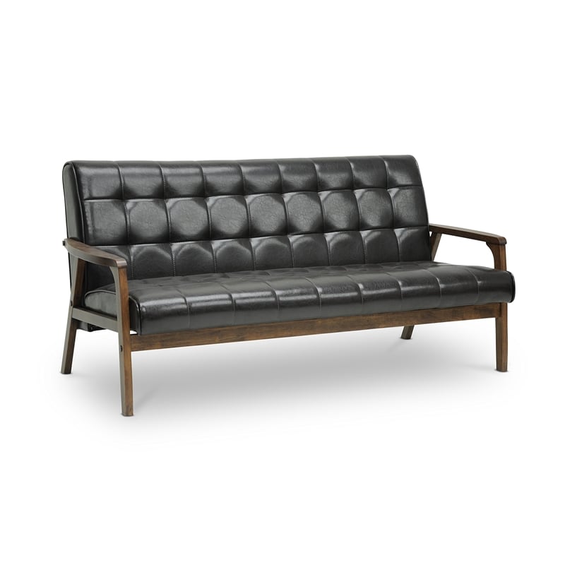 Allora Mid-Century Wood and Faux Leather Sofa in Brown