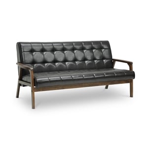 Allora Mid-Century Wood and Faux Leather Sofa in Brown