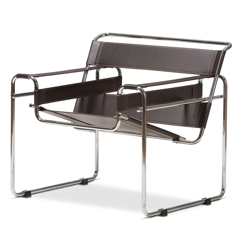 Allora Mid-Century Leather/Steel Metal Accent Chair in Brown