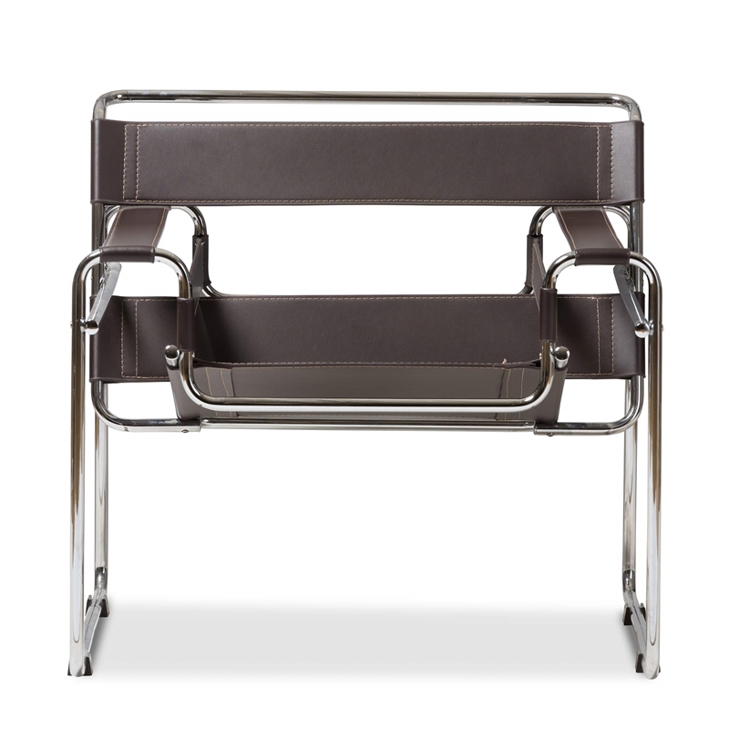Allora Mid-Century Leather/Steel Metal Accent Chair in Brown