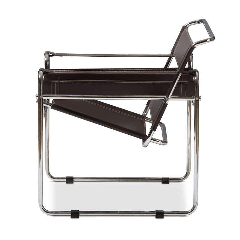 Allora Mid-Century Leather/Steel Metal Accent Chair in Brown