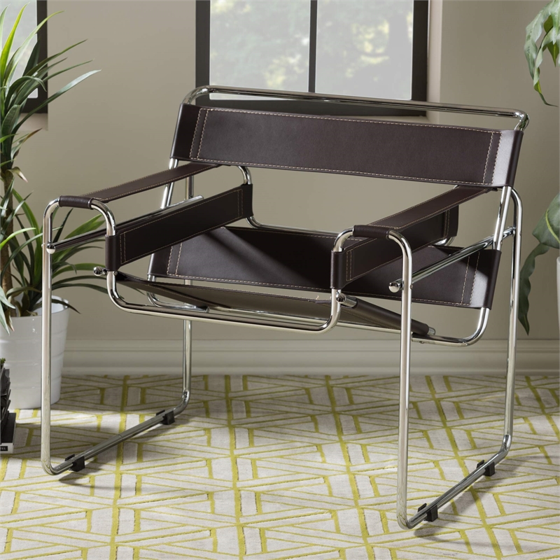Allora Mid-Century Leather/Steel Metal Accent Chair in Brown