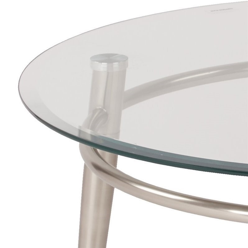 Allora Mid-Century Round Top Metal/Glass Coffee Table in Brushed Nickel/Clear